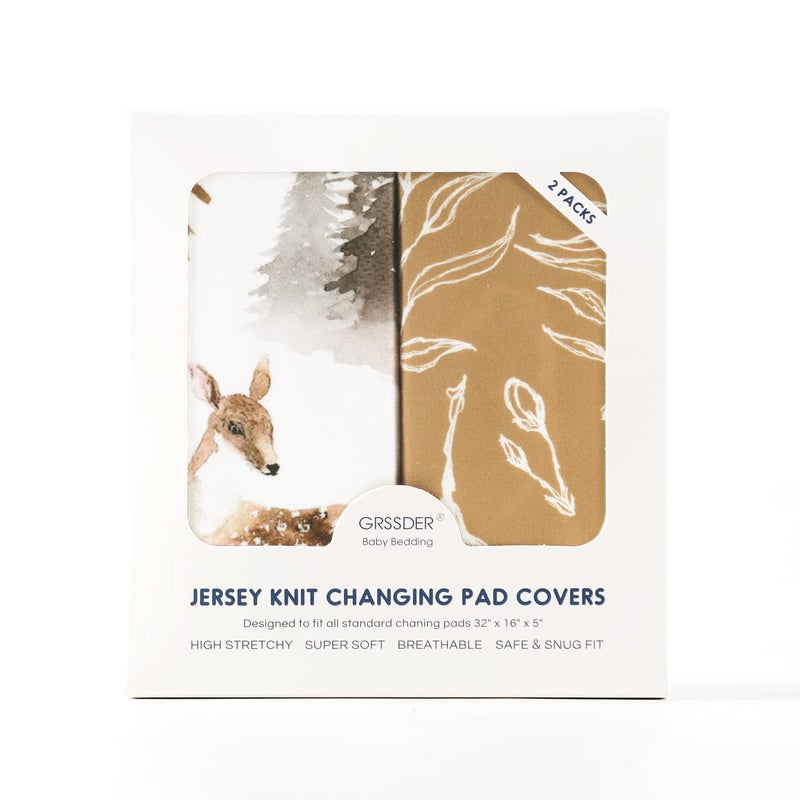 GRSSDER Stretch Ultra Soft Jersey Knit Changing Pad Cover Set 2 Pack, Change Table Pad Covers Fit 32"/34" x 16" Pads Safe and Snug, Stylish Jungle Deer Pattern for Baby - Image 4